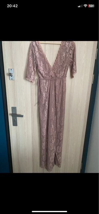 Elegancka długa koronkowa sukienka na wesele pudrowy ròż 36 S