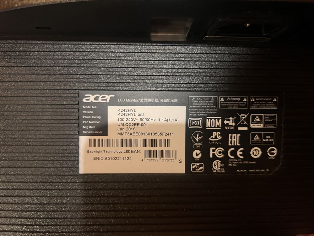 Продаю IPS  монитор Acer 242 HYL все работает