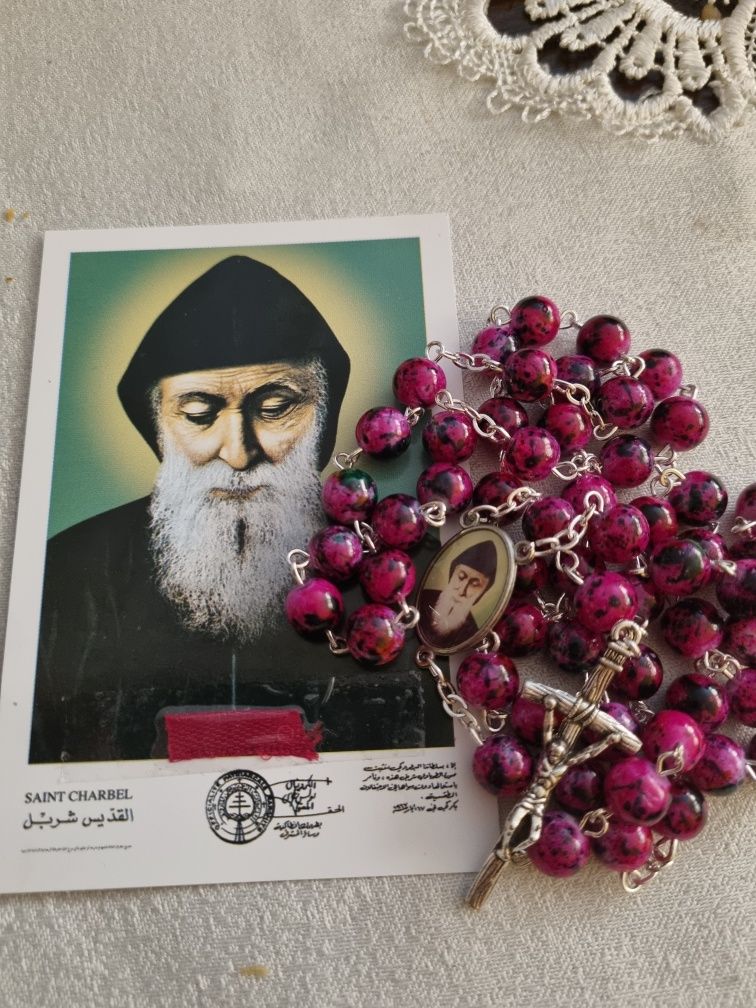Różaniec św Charbel Szarbel z Libanu+obrazek z relikwią