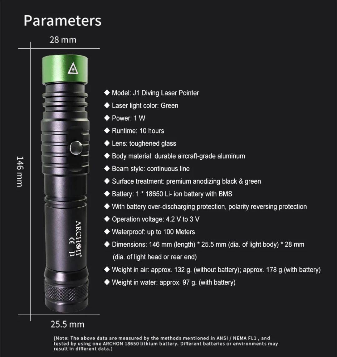 Подводний лазер указка ARCHON J1 зеленый луч 1500М