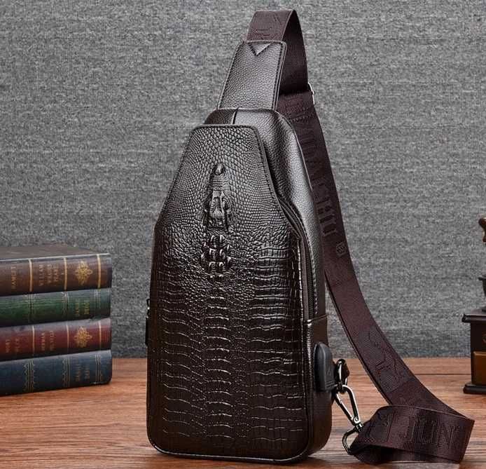 Чоловіча черная коричневая сумка бананка барсетка ранец з крокодилом