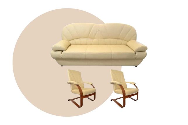 Kanapa wersalka sofa + 2 fotele, zestaw, komplet, skóra naturalna