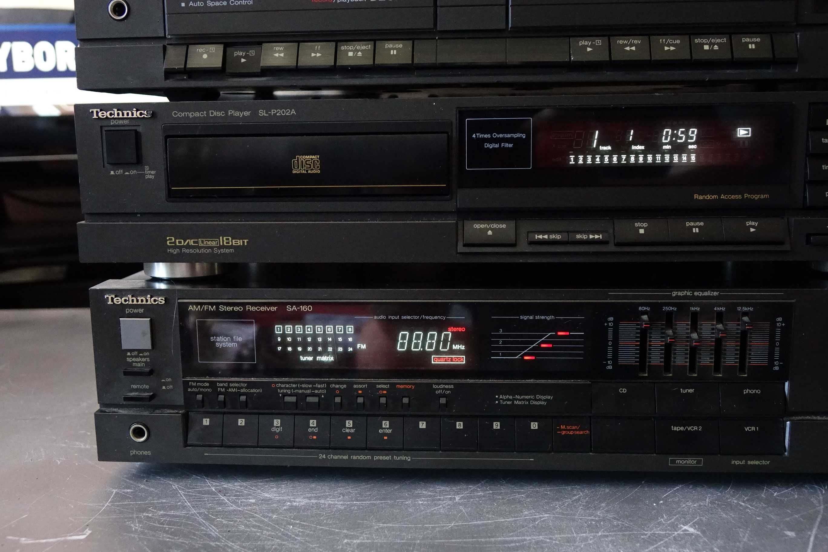 Wieża Technics -amplituner z korektorem, deck dwukasetowy i CD