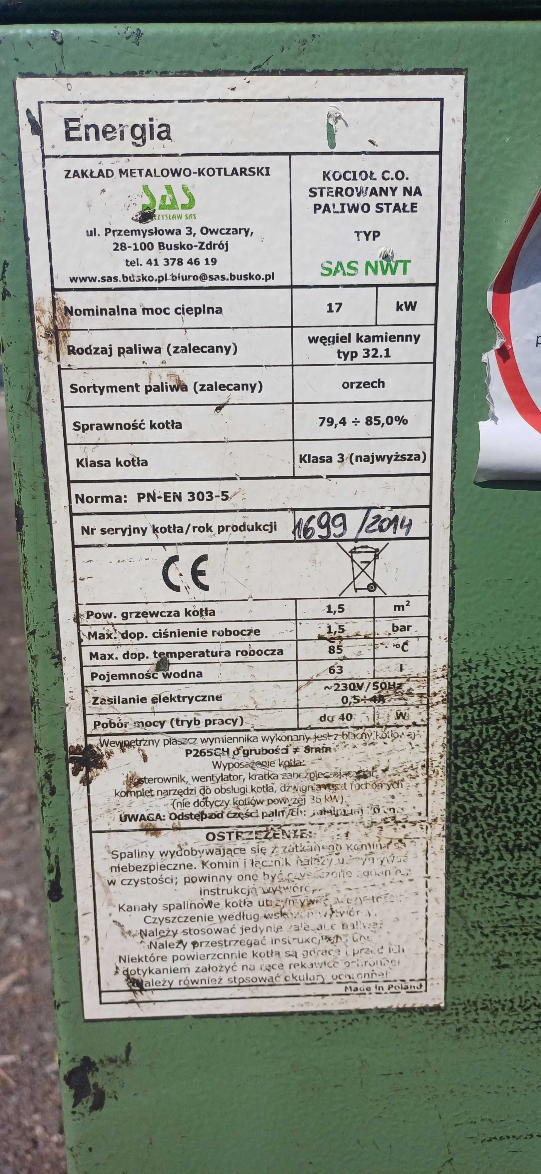 SAS NWT 17 kW Piec, kocioł