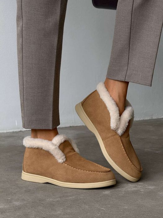 Женские замшевые зимние ботинки лоферы опушка