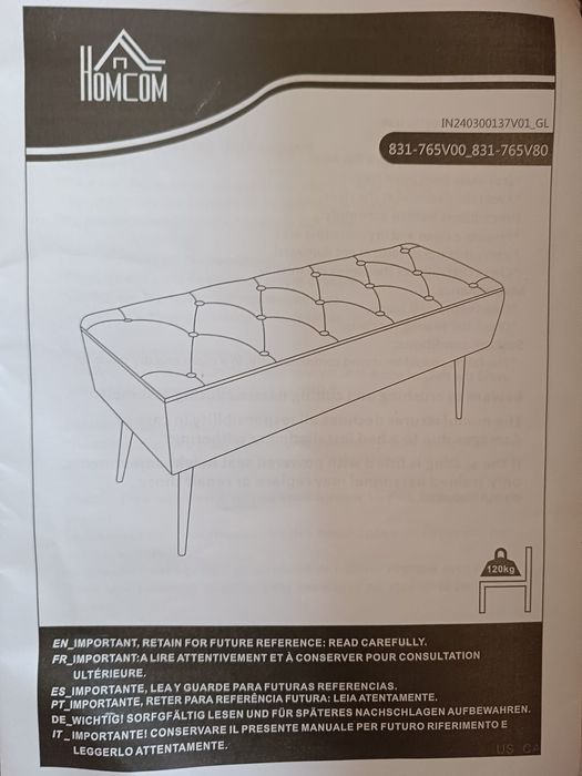 HOMCOM Poosterowana Ławka, Pikowanie, Optyka Wełny Jagnięcej, Nogi Poz