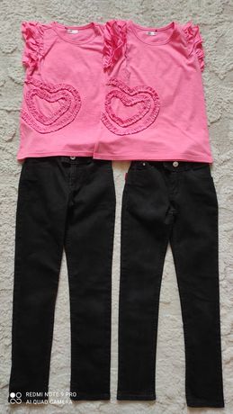 Spodnie yeansowe i bluzki r. 122 dla bliźniaczek