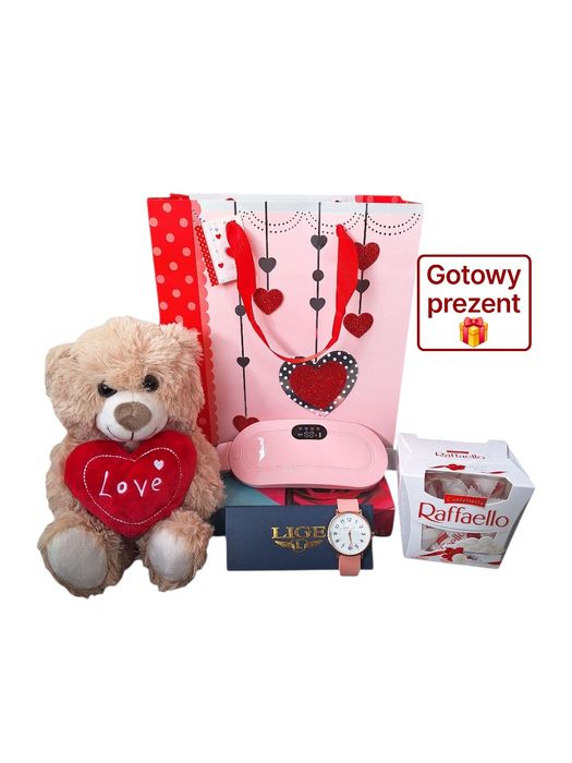 Zestaw prezentowy dla kobiety– masażer, zegarek, miś, Raffaello