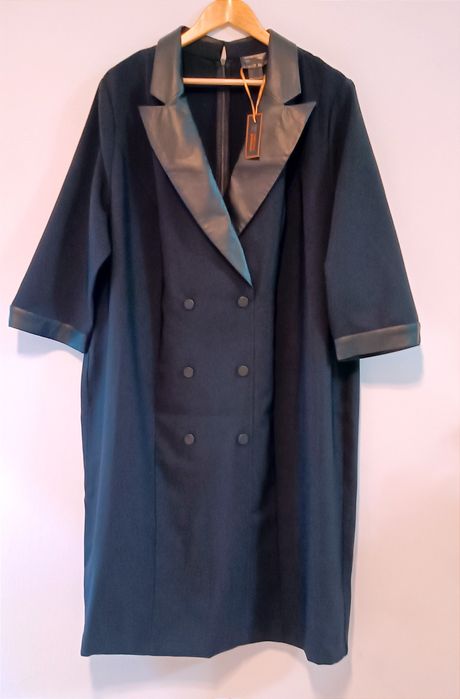 NOWA elegancka sukienka żakietowa r. 52 - wstawki z eko skóry - czarna