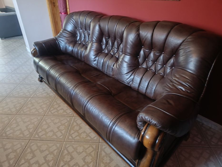 Komplet wypoczynkowy kanapa + fotele skóra dębowe