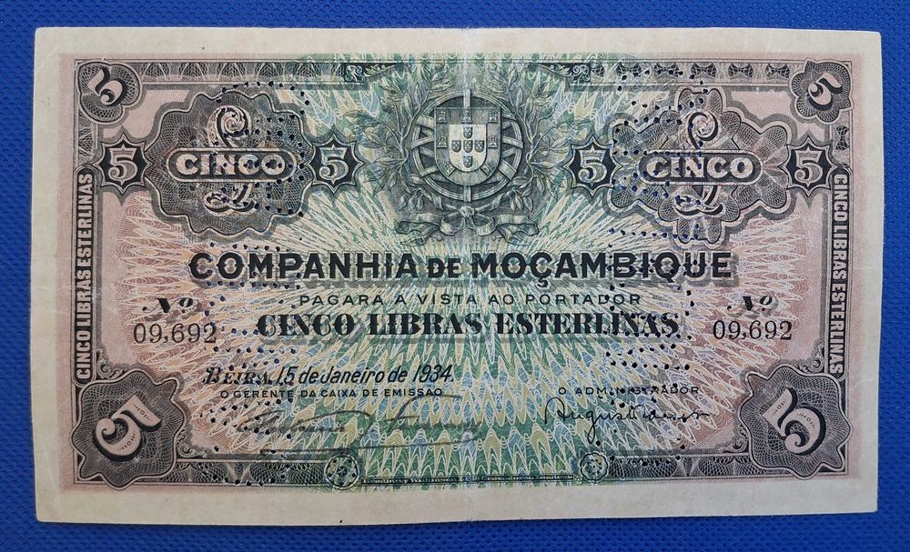 Nota Moçambique 5 libras esterlinas 1934