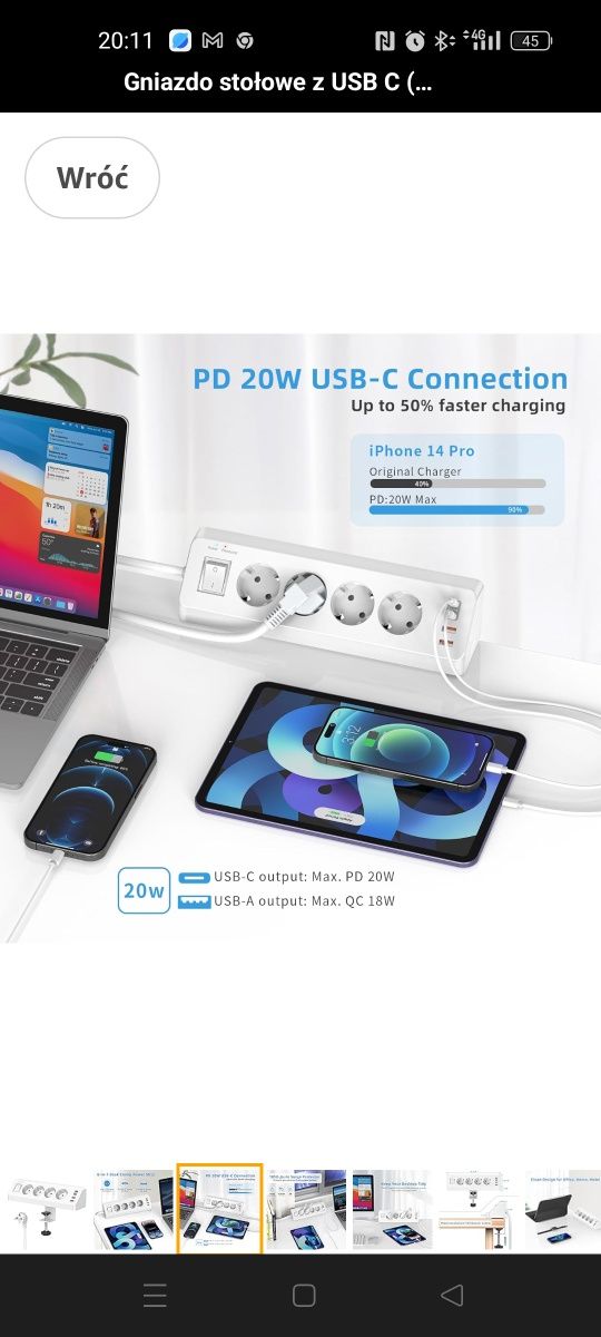 Gniazdo stołowe z USB C (PD 20 W), listwa zasilająca 8 w 1