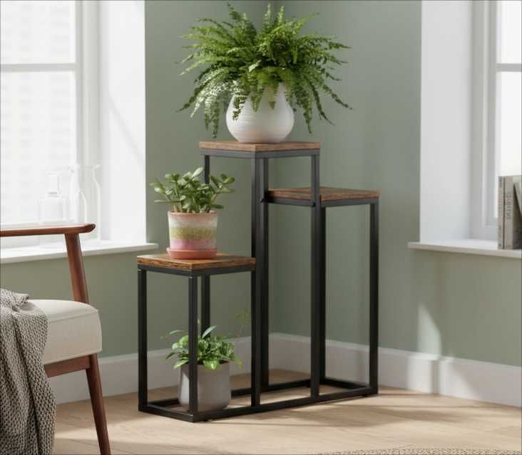 NOWY Kwietnik Metalowy Loft Stojak Na Kwiaty Czarny Drewniany OKAZJA