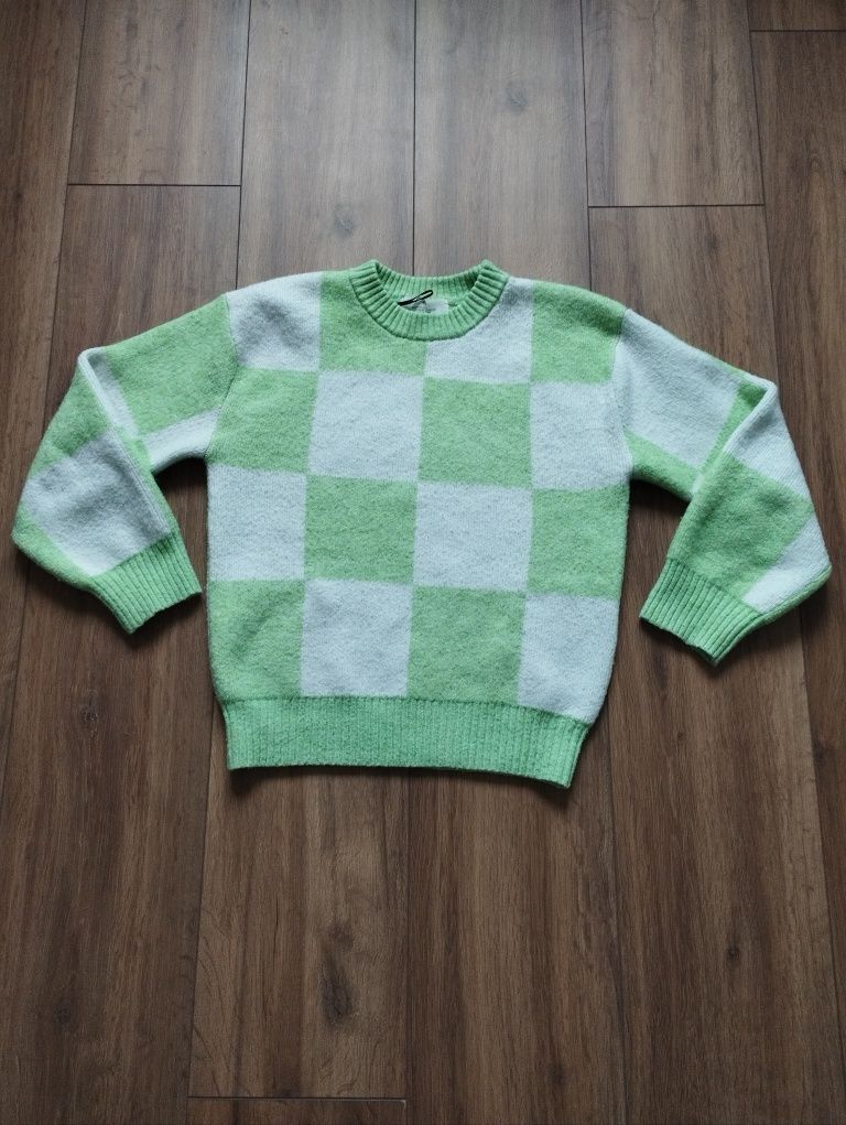 Sweter XS 34, zielony, biały, w kratę, szachownica, H&M, krótki sweter