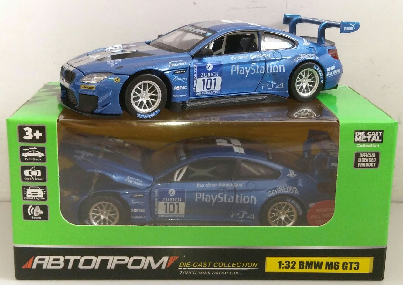 Машинка BMW M6 GT3 модель 1:32 "Автопром". Металл, Звук, Свет