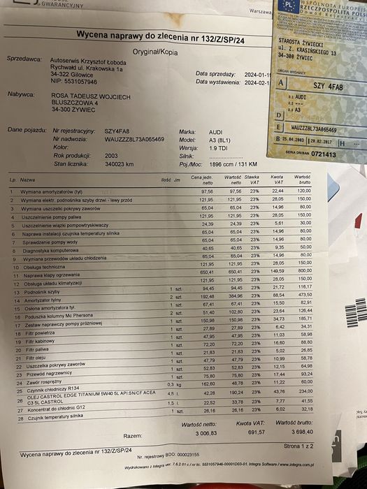 Audi A3 1.9 tdi, 130 km, z ważnymi oplatamy