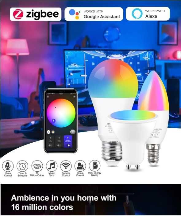 Умная лампа Tuya. Zigbee; E14;  RGB+WW+CW