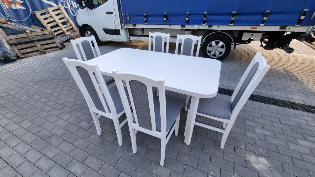 Od ręki: Stół rozkładany + 6 krzeseł, nowe, biały + szary, dostawa PL