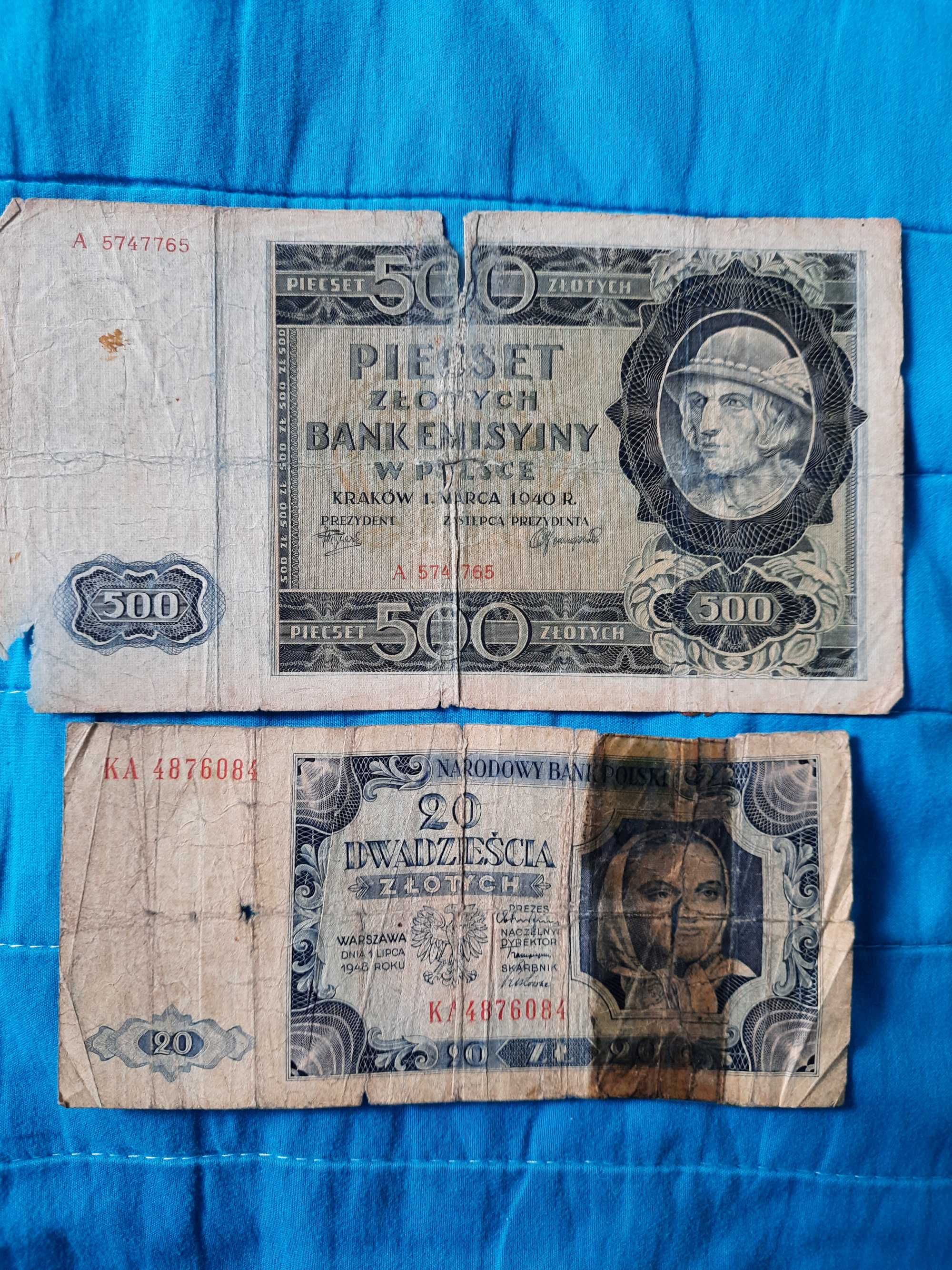 stare polskie banknoty PRL okupacja 500 zł 1940 Góral 20 zł 1948