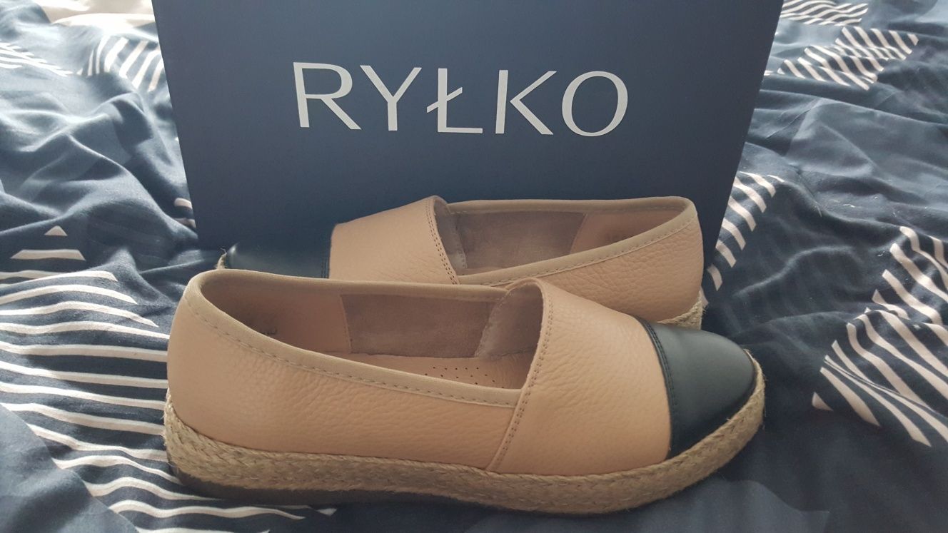 Espadryle RYŁKO 1YMZ6 Czarny/Beżowy 2NR 22,5 cm rozmiar 35  skóra