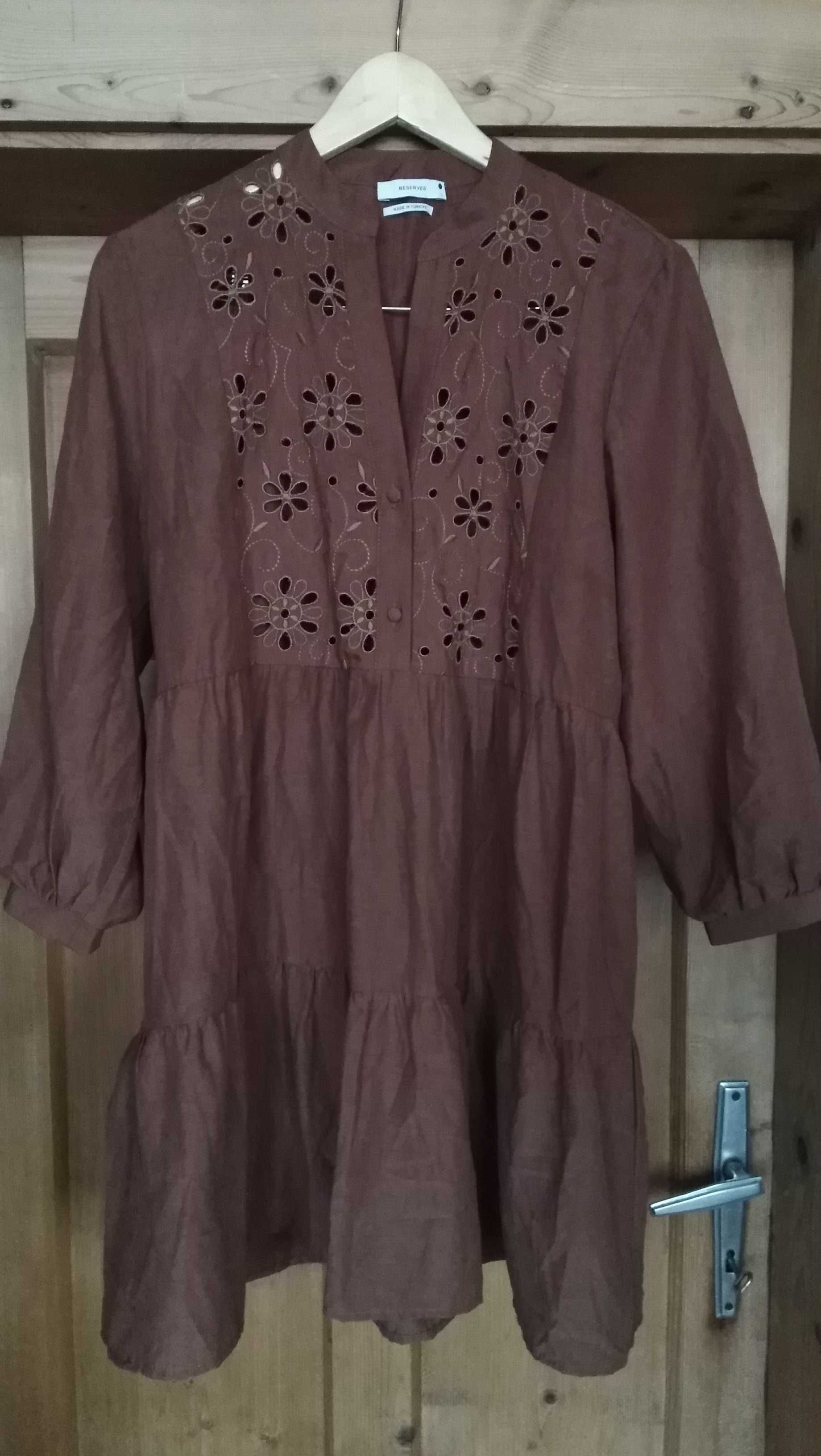 RESERVED brązowa sukienka babydoll oversize haft Boho j.nowa 38/40