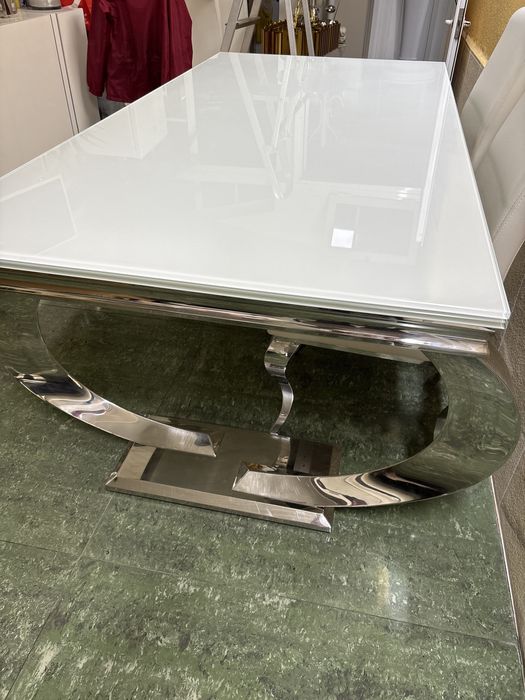 Mesa inox com tampo em vidro branco