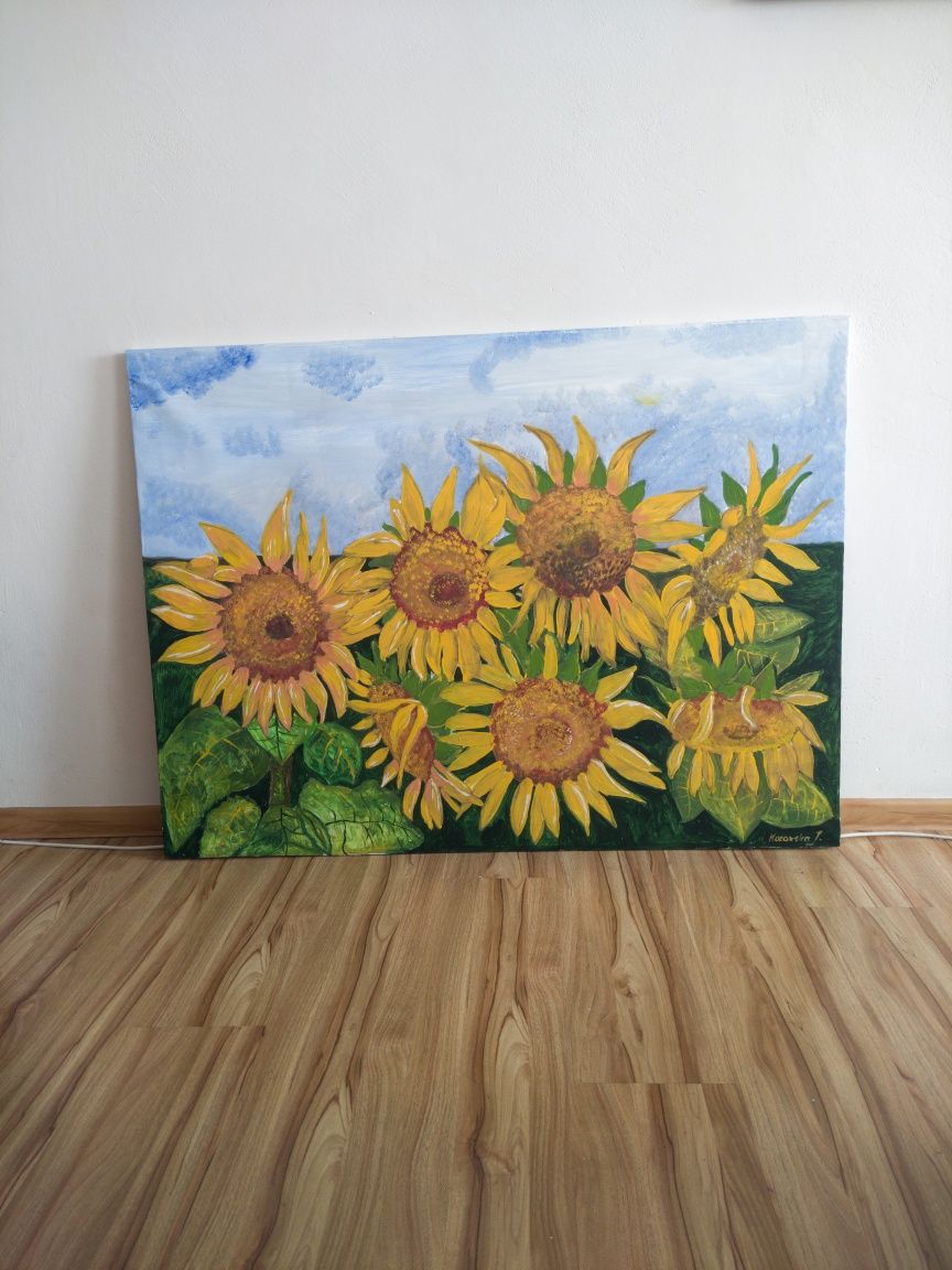 Bardzo duży obraz olejny ręcznie malowany słoneczniki