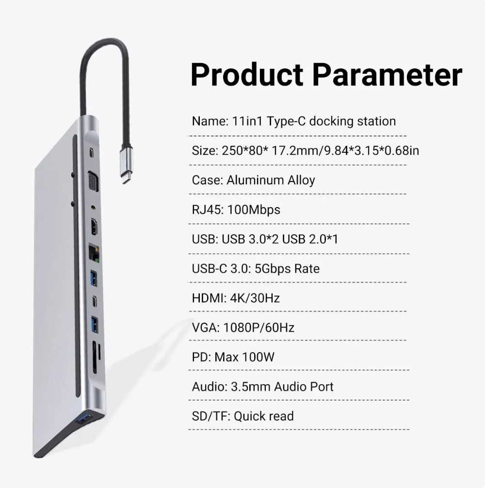 Док-станция 11in1 USB-C - HDMI/VGA/USB-C/USB3.0x3/RJ45/SD/TF/3.5mm/PD