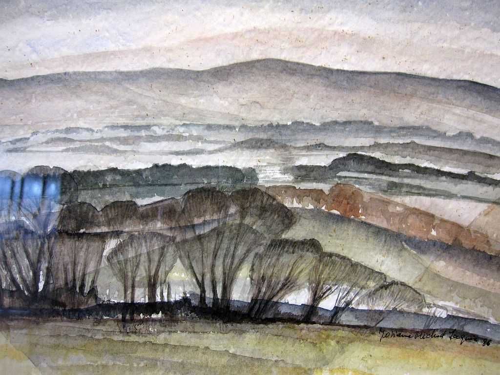 Paisagem - aquarela emoldurada-assinada Johann Michael Laquix '86