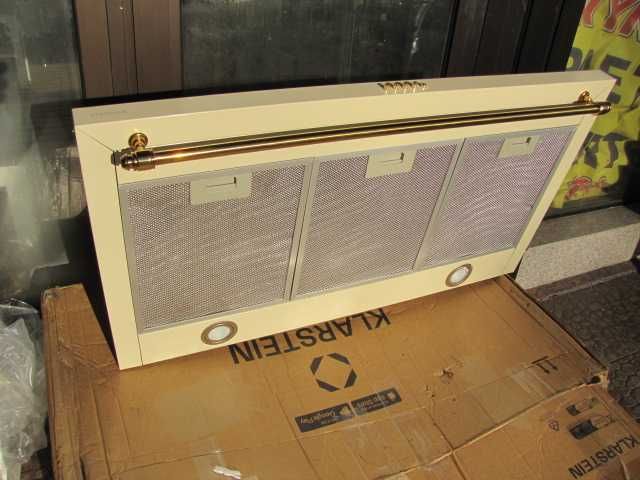 Okap kuchenny w stylu retro 90cm beżowy zloty reling Klarstein