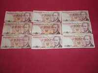 9 banknoty  100 zł. PRL obiegowe