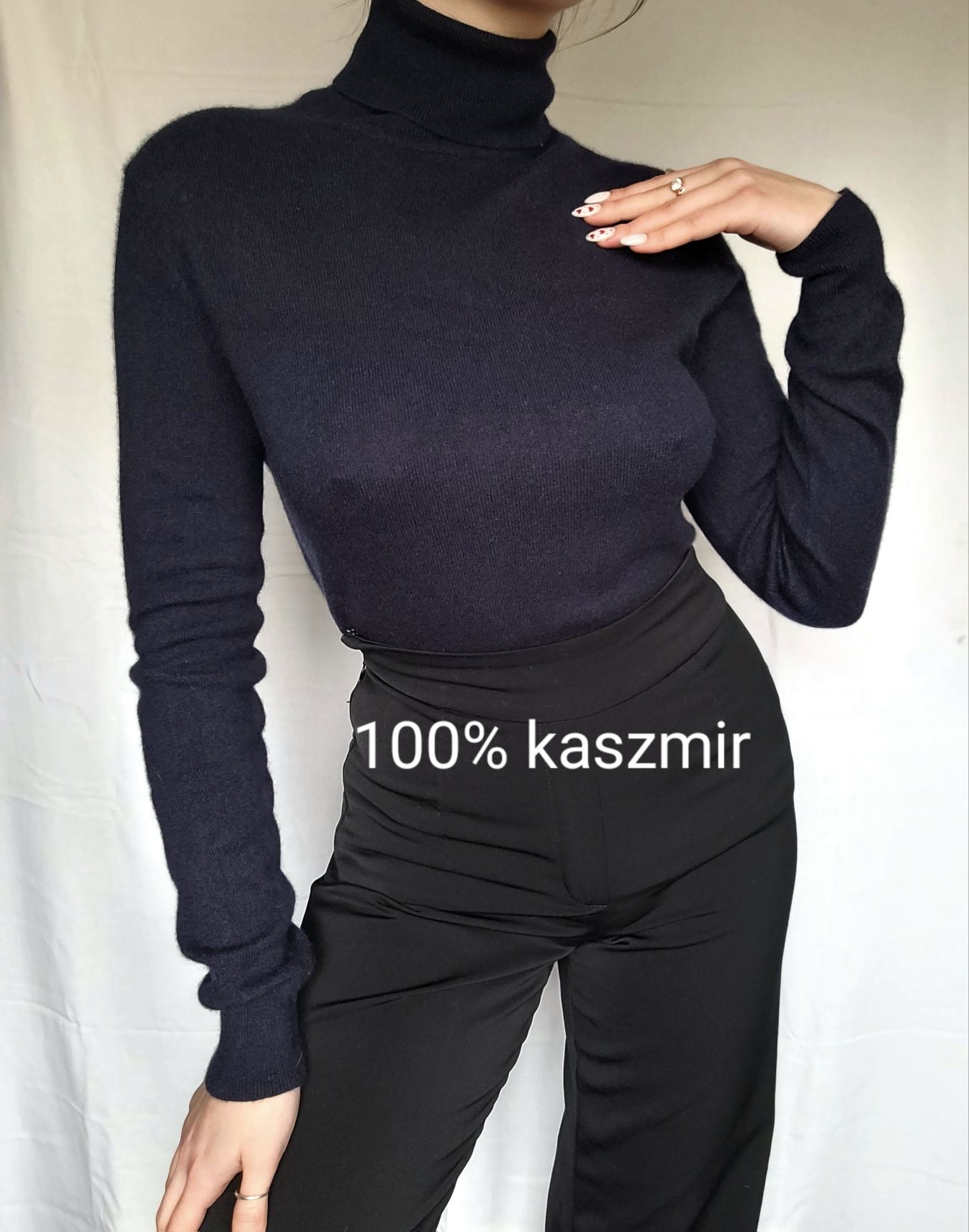 Granatowy sweter z golfem basic 100% kaszmir M/L 38/40