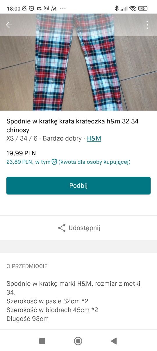 Spodnie w kratkę krateczka h&m 32 34 chinosy