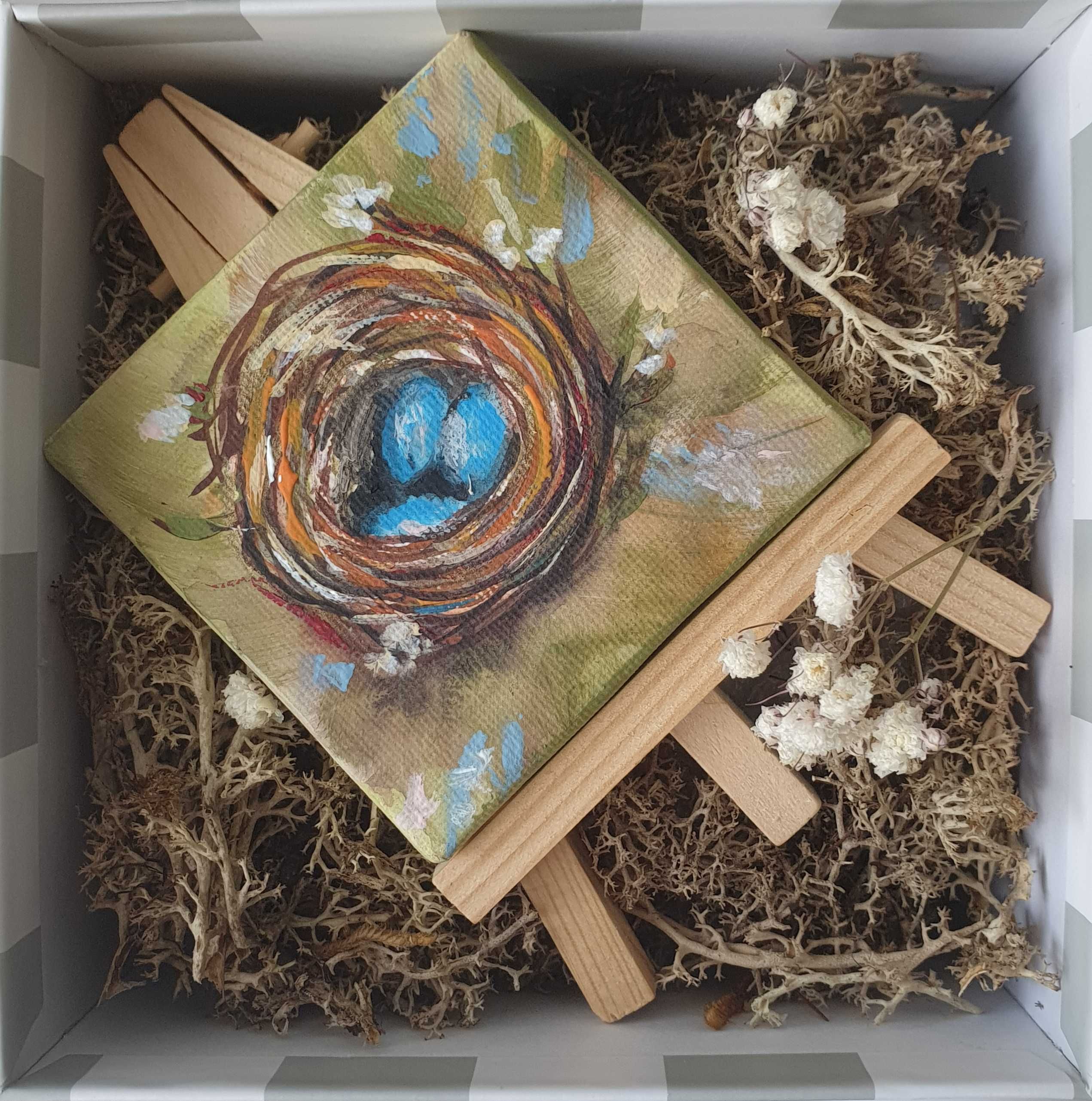 Obraz mini ręcznie malowany + pudełko prezent gniazdo jajka ptaki