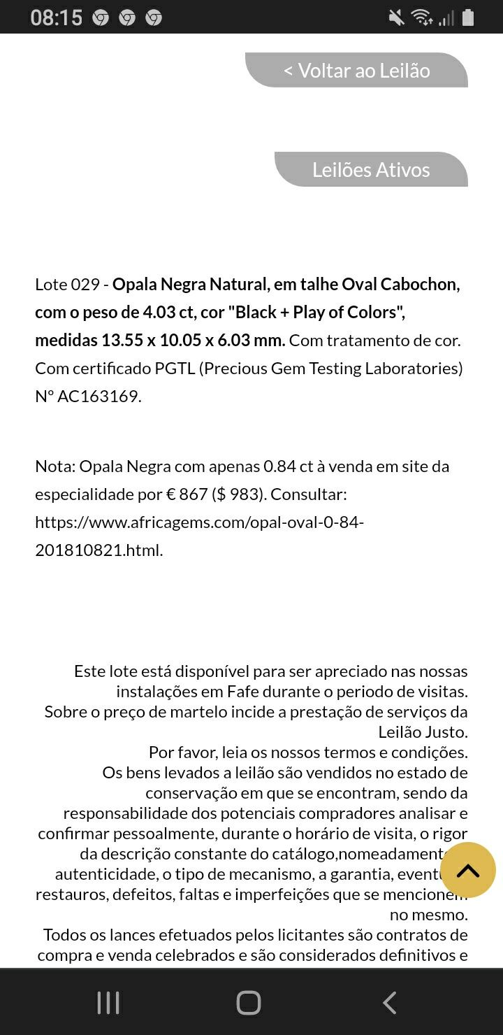 Opala negra natural valiosa e rara