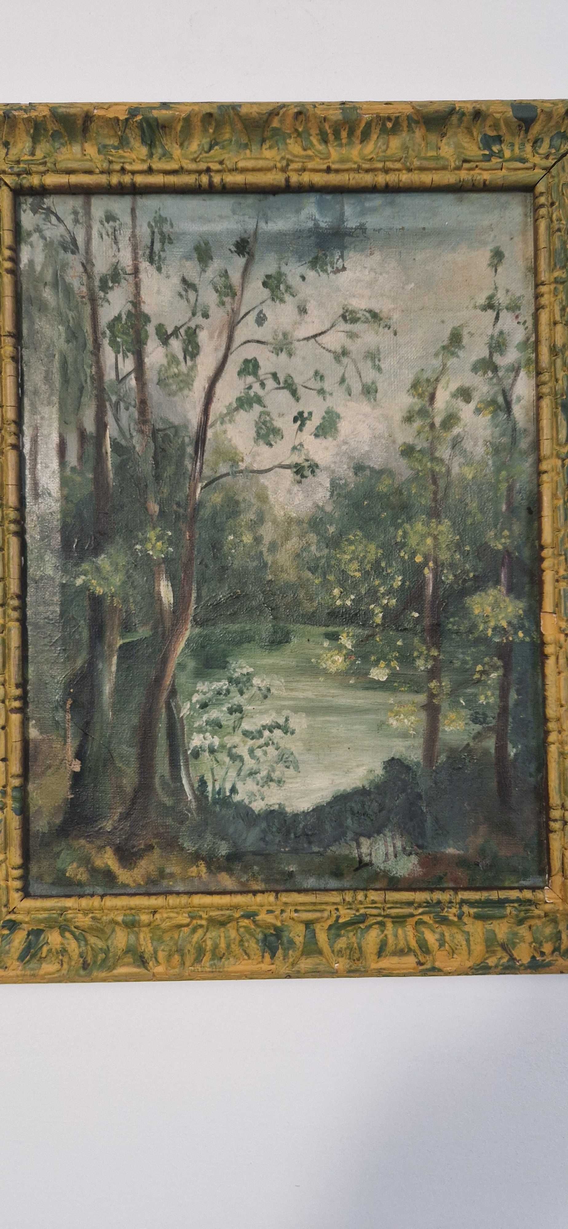 Stary obraz zielony pejzaz pt. Jezioro w lesie sygnowany antyk