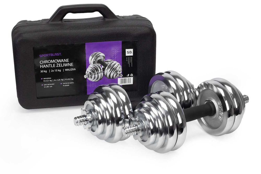Hantle żeliwne 2x15kg WALIZKA regulowane chromowane zestaw 30kg SZ