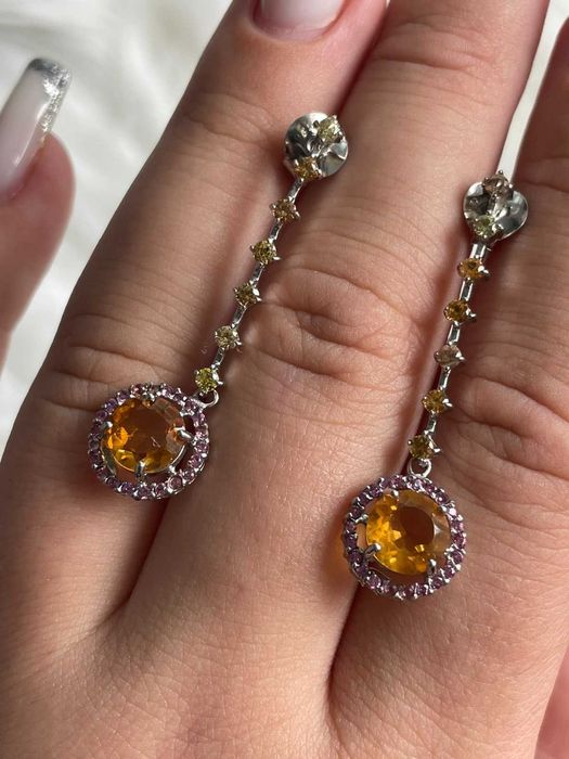 Серьги из серебра 925 пробы с  цитрином 7 мм, гранатом, сапфиром