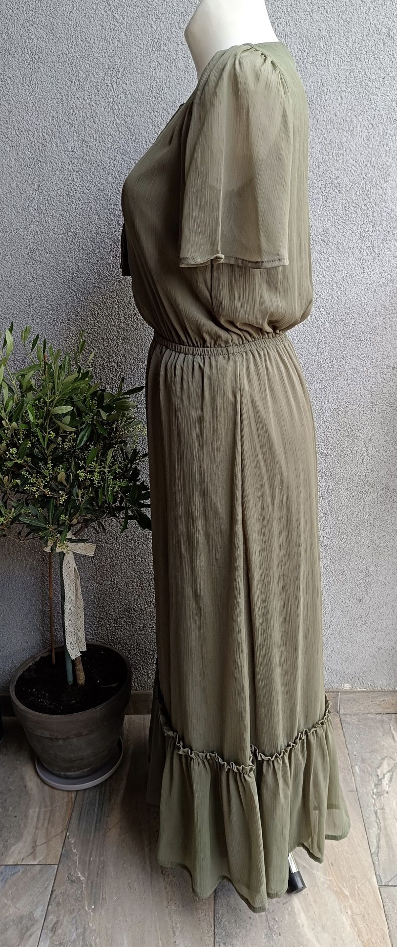 Sukienka midi boho hippie M L biust 48x2 motylkowe rękawy khaki