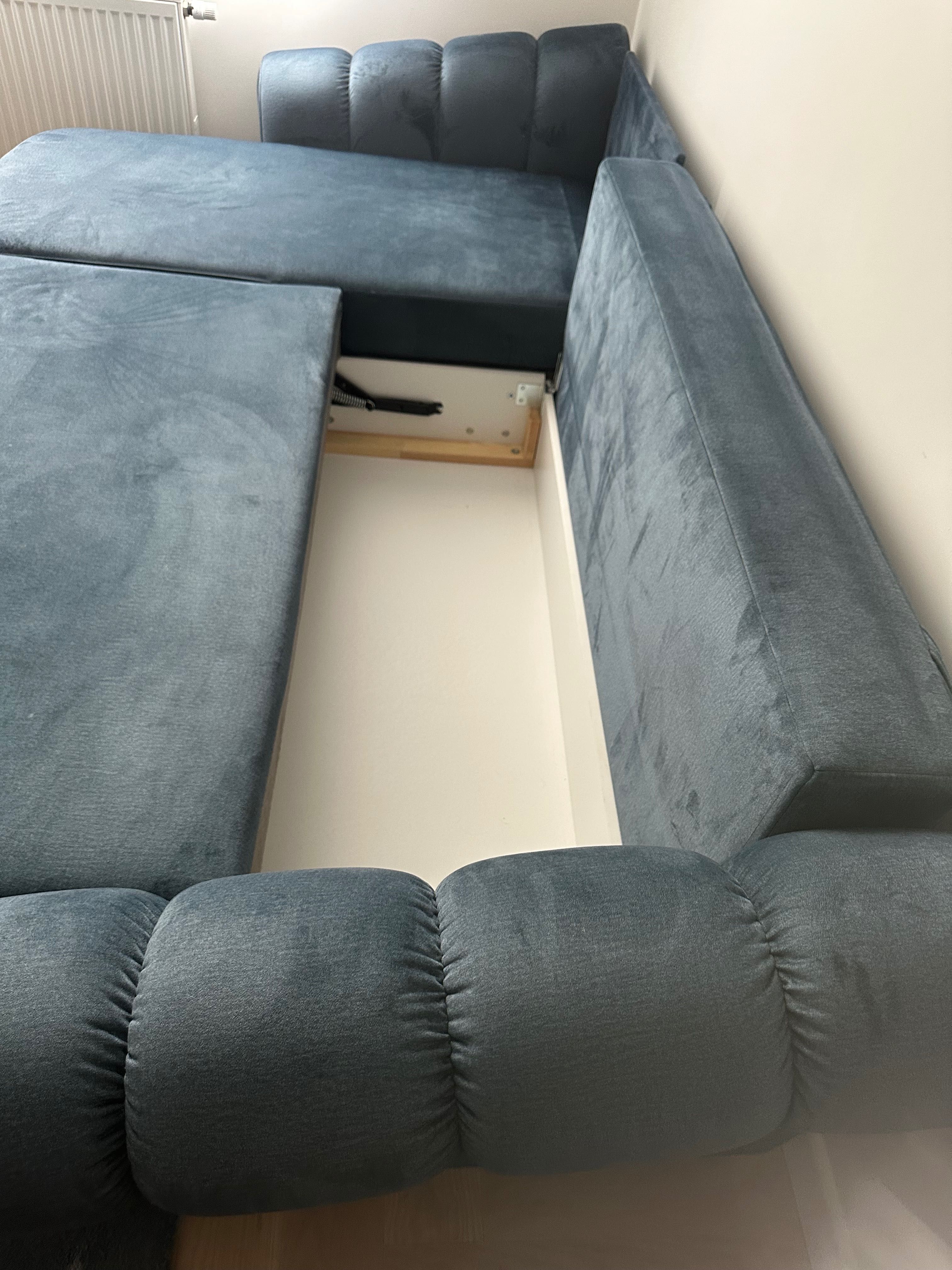 Sofa narożna, z możliwością spania, welurowa zielono-granatowa
