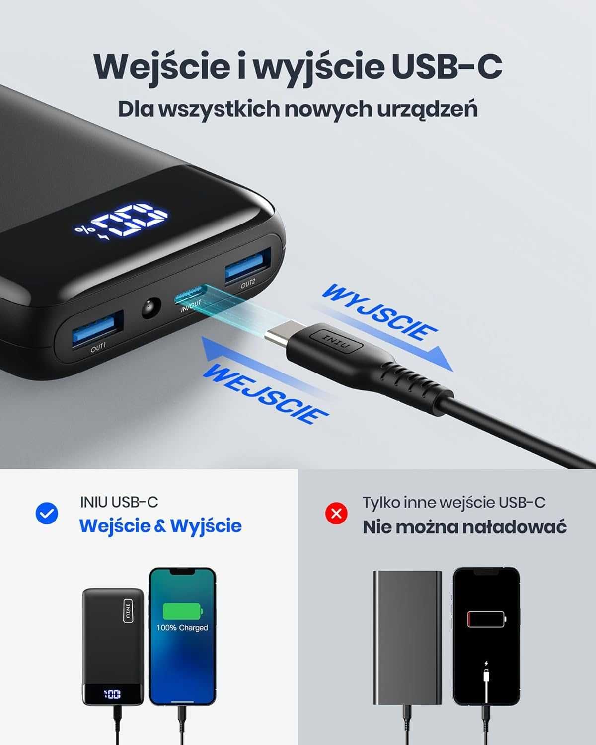 Iniu BI-B5 Powerbank 2xUSB 20000mAh latarka 22,5W PD3.0 QC4.0