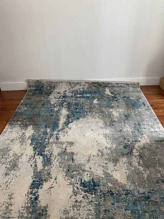 Rug 200x300 cm – Grey & Beige with Blue Accents