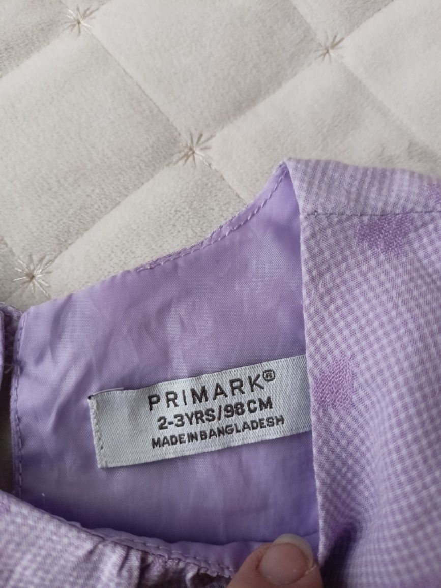 Sukienka Primark liliowa bufki kratka serduszka 98