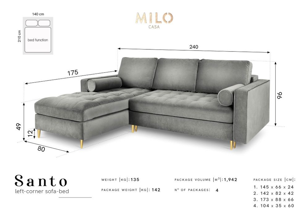 Narożnik Lewy Santo Granat Welur Rozkładany Dostępny od ręki, dostawa