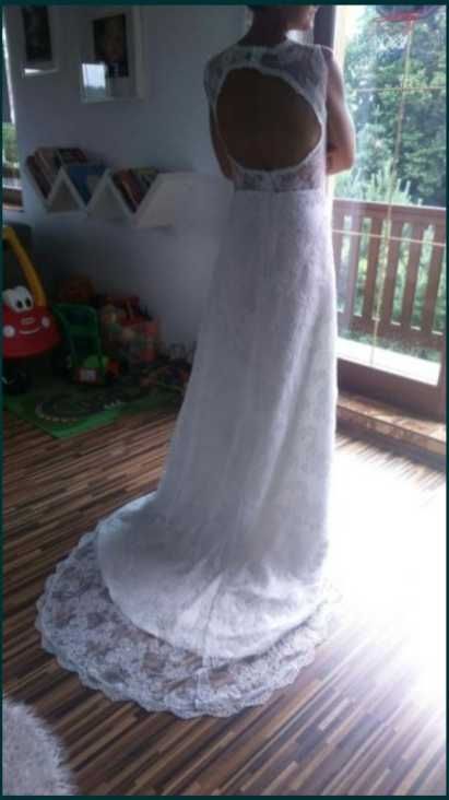 Suknia ślubna sukienka do ślubu koronkowa trenem bez pleców M 38 40