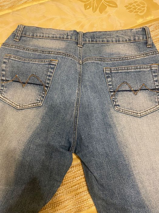 Calças de ganga aplicações nas dobras em baixo em tecido Vichy