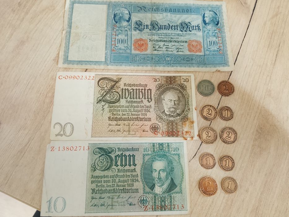 Banknoty + Monety Niemieckie 1901 - 1925 Cesarstwo Niemieckie Weimar