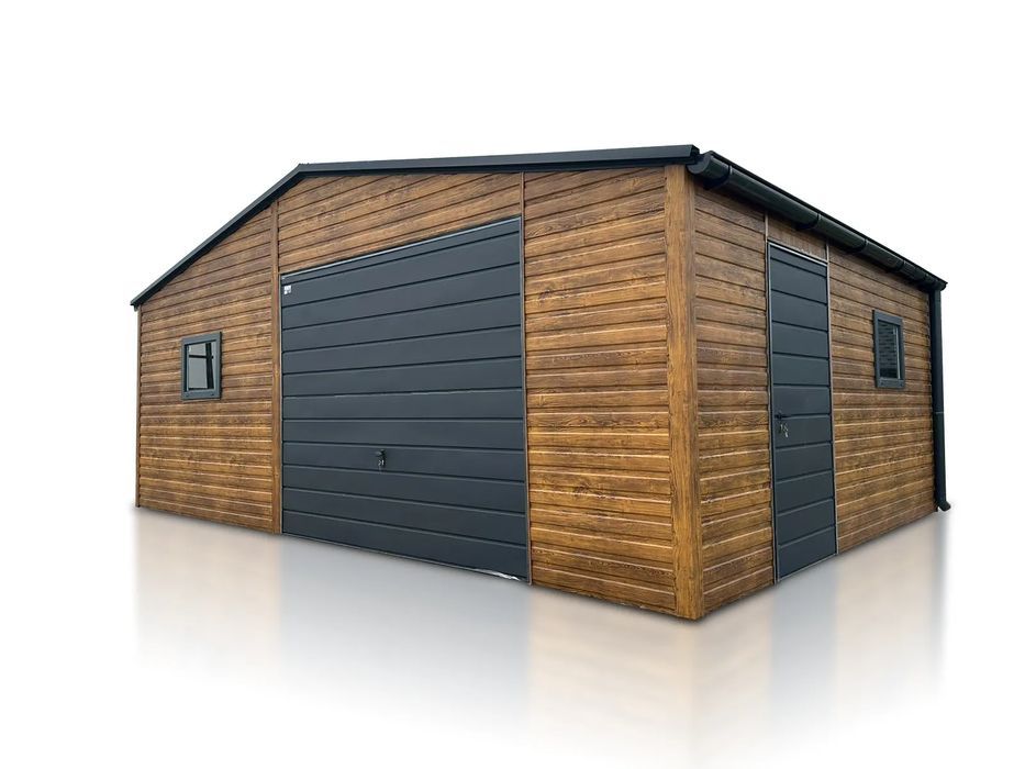 Garaż jednostanowiskowy 7x5 m - Dach dwuspadowy, Brama uchylna, Drewno