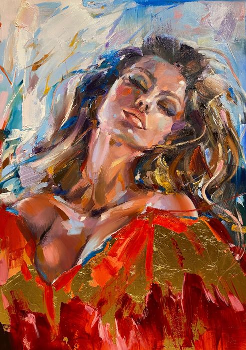 Obraz olejny z dodatkiem płatków złota