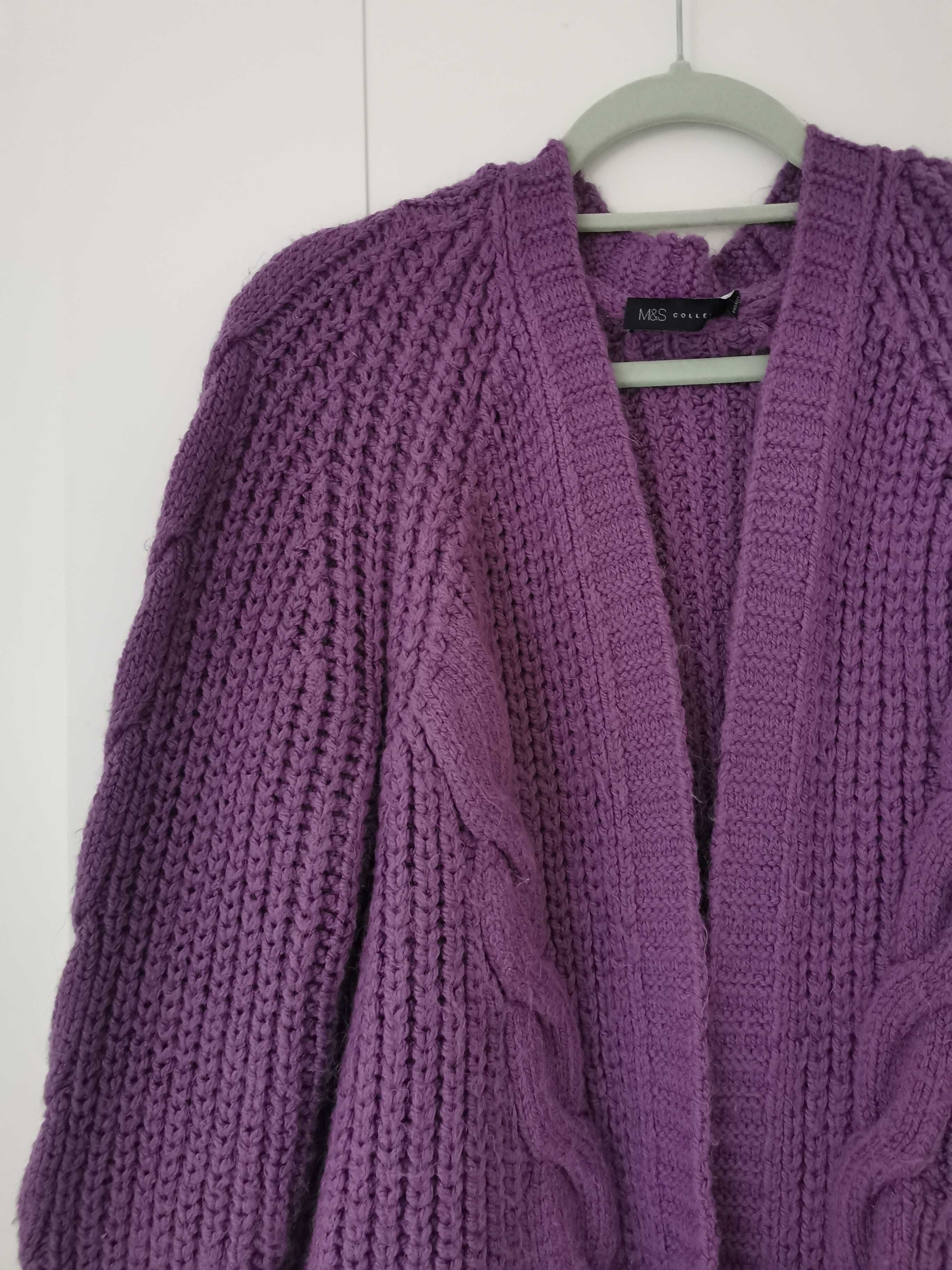 Fioletowy sweter kardigan ciepły zimowy narzutka M 38 40 Marks&Spencer